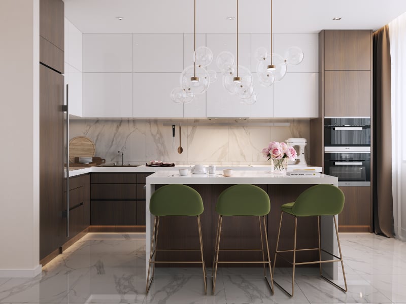 sleek-serenity-elegant-island-kitchen-green-bar-stools